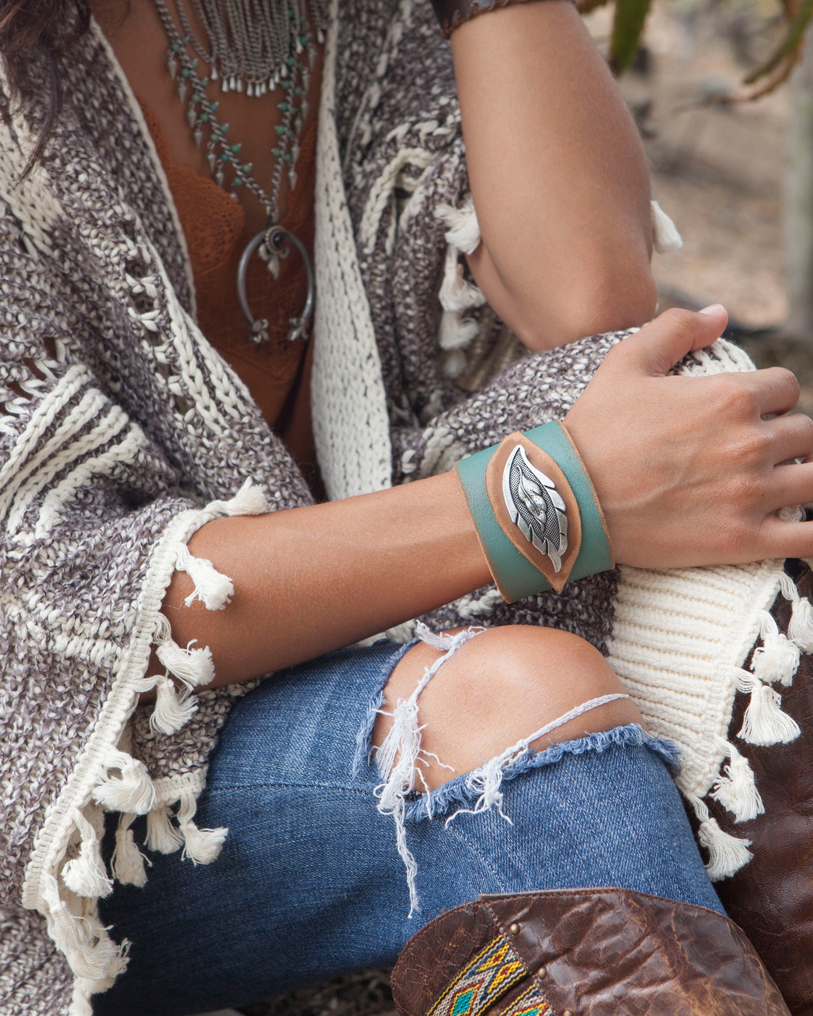 Pheasant & Guinea Feather Cuff Bracelet