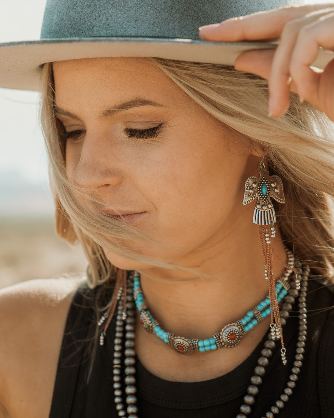 Turquoise New Sheriff In Town Cowgirl Hat Silvertone Earrings